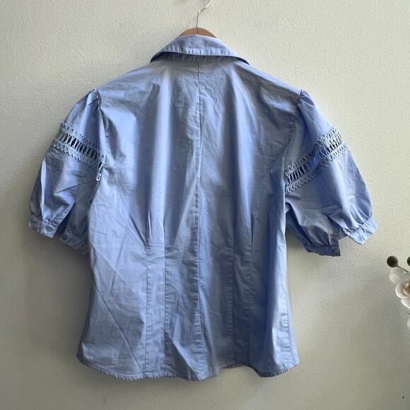 Women's Cotton Blend Lace Blue Button Up Tops Puff Sleeve NY&C Blouse Size XL - Picture 2 of 7
